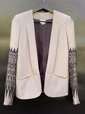 Parker Reef 100% Silk Tuxedo Blazer Colorblock Geo Print Taupe Black XS